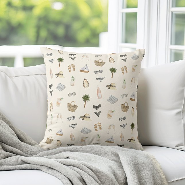 Almofada Coastal Summer Getaway Neutral Watercolor Pattern (Criador carregado)