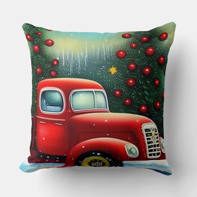Almofada Cobertor de Natal Caminhão Vermelho Antigo e Árvor (Frente)