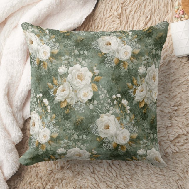 Almofada Cobertor Floral de Rosa em Aguarela Verde Salgueir (Cobertor)