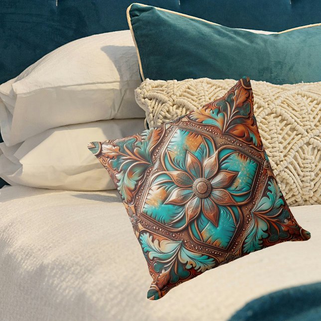 Almofada Cobre de Impressão de Couro Arrefecida Ocidental (Western Tooled Leather Print Turquoise Copper Throw Pillow)
