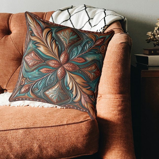 Almofada Cobre de Impressão de Couro Arrefecida Ocidental (Western Tooled Leather Print Turquoise Copper Throw Pillow)