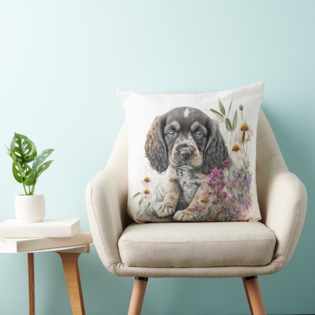 ALMOFADA COCKER CORTANTE ESPANHÓIS CACHORRO E FLORES DE MAD (Cadeira)