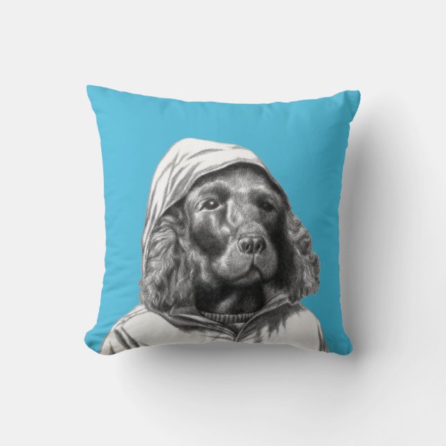 Almofada Cocker Spaniel em Casaco de Chuva (Azul da Velha E (Frente)