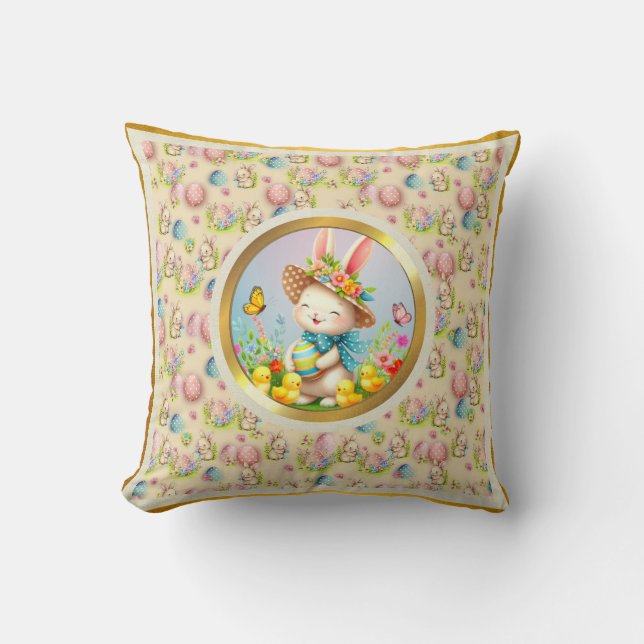 Almofada Coelhinho de Páscoa Fofo e Flores Felizes de Prima (Frente)