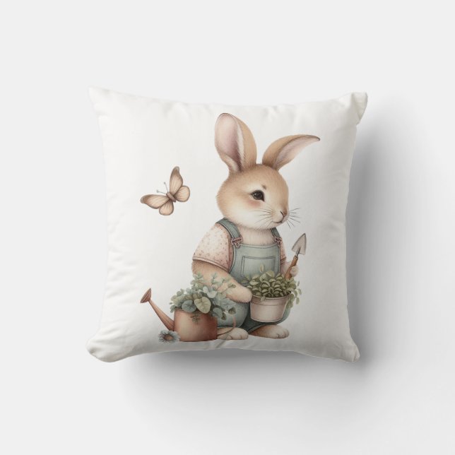 Almofada Coelhinho do Jardim Brown em Overalls (Frente)