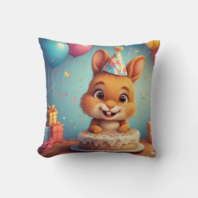 Almofada Coelho Adorável Comemorando Aniversário com Bolo (Frente)