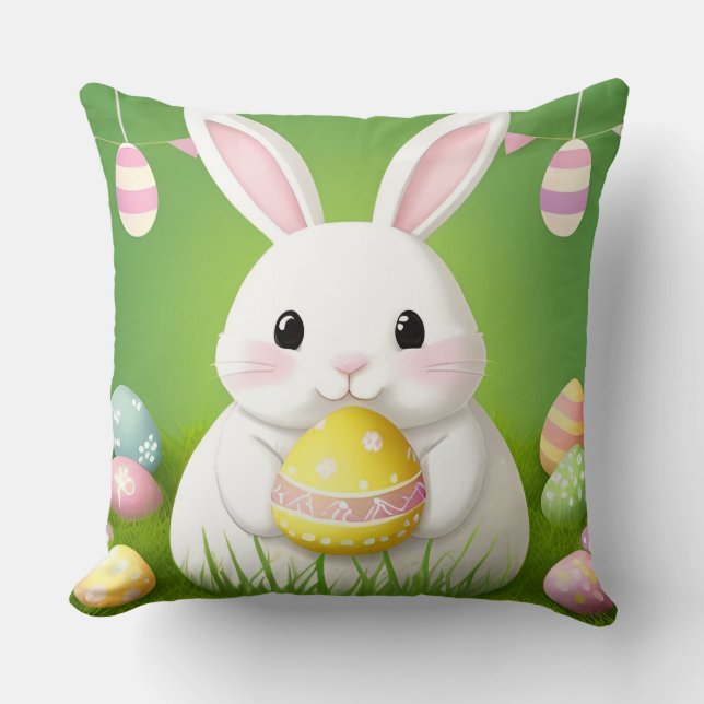 Almofada Coelho da Páscoa Fofo Com Ovos Decorativos (Frente)
