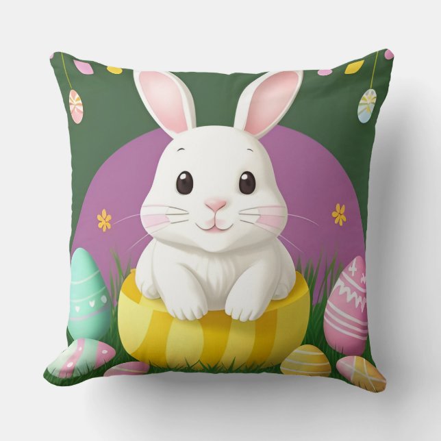 Almofada Coelho de Páscoa Fofo Com Ovos Decorativos (Frente)