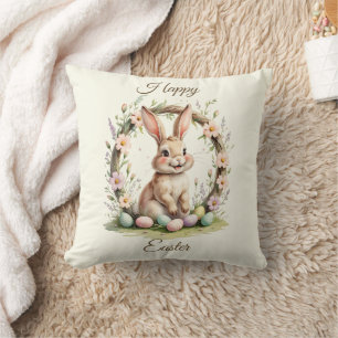 Almofada Coelho de Páscoa Vintage Feliz com Coroa de Flores