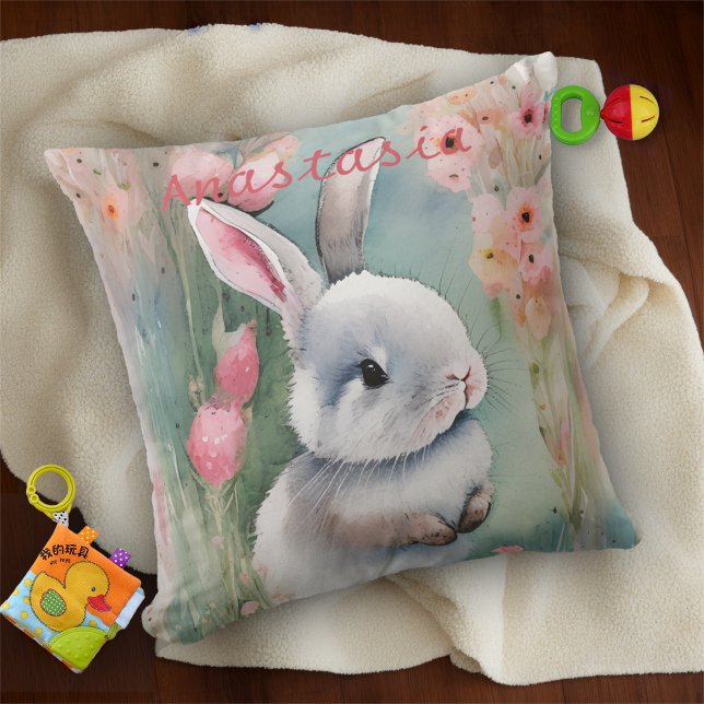 Almofada Coelho Fofo de Páscoa Aquarela Pastel Flores da Pr (Criador carregado)