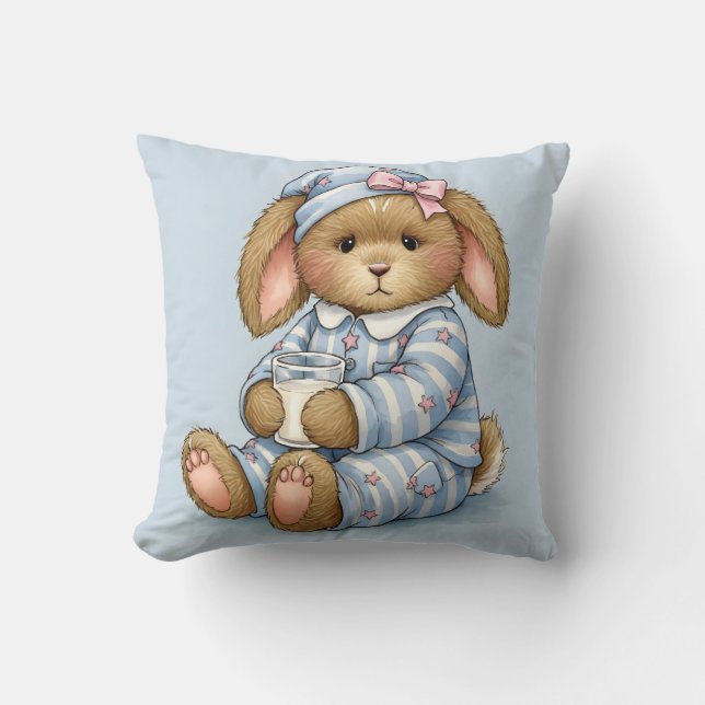 Almofada Coelho num Pajama Azul com um Vidro de Leite (Frente)
