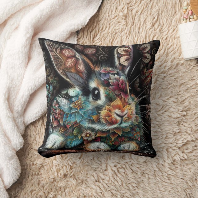 Almofada Coelho Whimsso Rabbit Floral Abstrato Teal Preto (Cobertor)