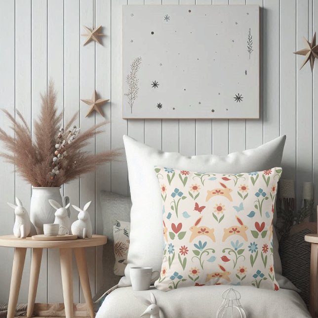 Almofada Coelhos com Arte Folclórica de Flores Selvagens (Criador carregado)