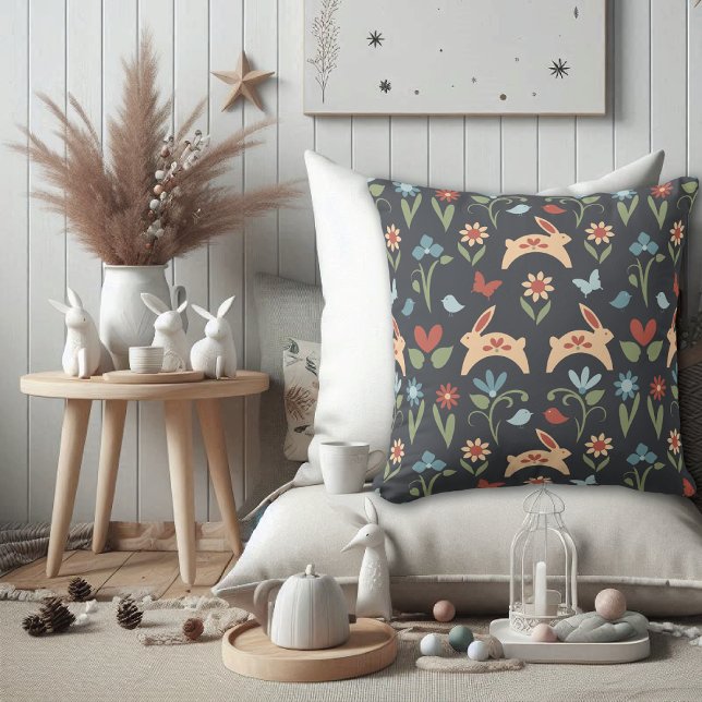 Almofada Coelhos Flores Selvagens Aves Arte Folha (Criador carregado)