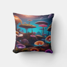 Almofada Cogumelos Bioluminescentes Vibrantes em Cosmos de