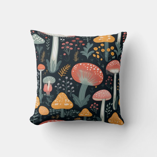 Almofada Cogumelos e Folhagem em Fundo Negro 3 (Frente)