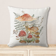 Cogumelos e Folhas de Samambaia em Aquarela Vintag
