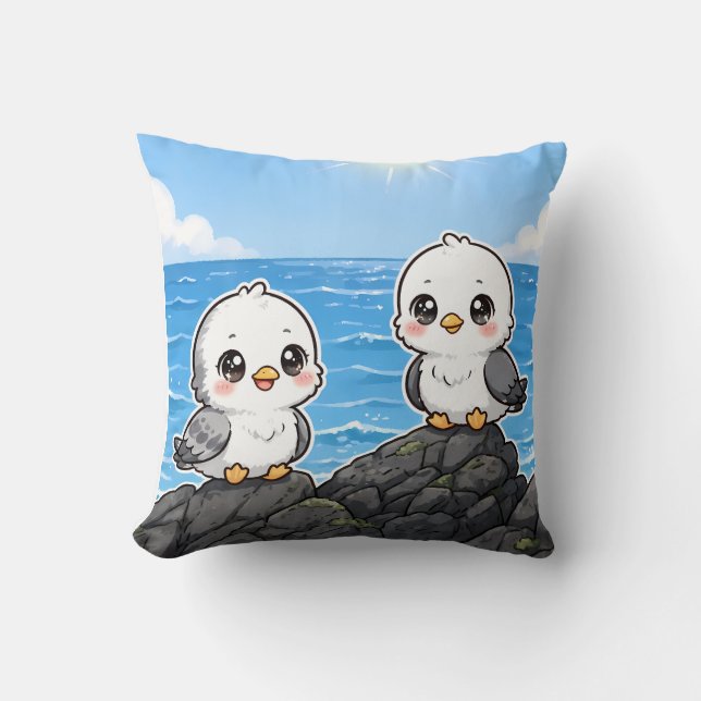 Almofada Cojín Kawaii Pichones en el Mar (Frente)