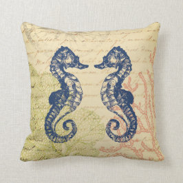 Almofada Colagem azul dos cavalos de mar do beira-mar