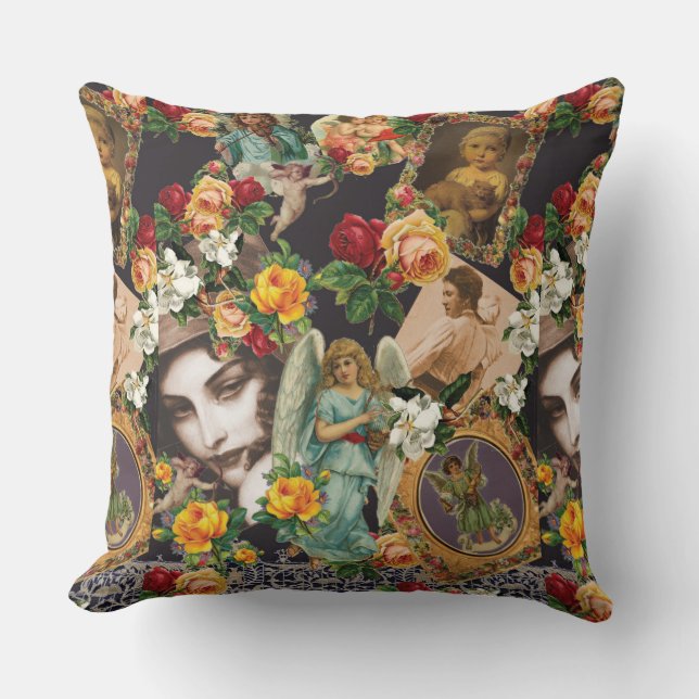 Almofada Colagem da safra Retro com rendas e flores (Frente)