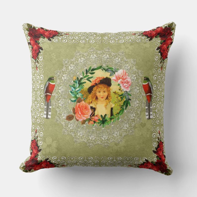 Almofada Colagem da safra Retro com rendas e flores (Frente)