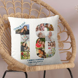 Almofada Colagem de Fotografias 18º Aniversário Keepsasaket<br><div class="desc">Presente personalizado de 18º aniversário. Este travesseiro decorativo personalizado tem uma colagem de fotos elegante em forma de número 18 com tipografia azul oceânica. O texto diz "Parabéns!" juntamente com o seu nome e data de nascimento personalizados (todos os quais pode editar ou deixar vazio). O modelo está pronto para...</div>