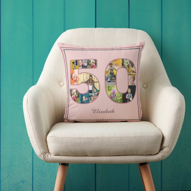 Almofada Colagem de Fotografias com 50 Festas de aniversári (50th birthday dusty blush pink throw pillow with custom photo collage template.)