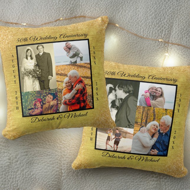 Almofada Colagem de Fotografias do 50º Aniversário do Casam (Double-sided photo pillow for golden wedding anniversary with 4 or 8 different photos)