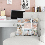 Almofada Colagem de Fotografias do Monograma Cor-de-Rosa Es<br><div class="desc">Personalize este travesseiro decorativo com oito fotos quadradas dispostas em um layout de colagem em grade,  com seu monograma inicial de solteiro em rosa-pincel no quadrado central. Travesseiro se reverte para um sutil padrão de diamante pontilhado em rosas claro e branco correspondentes.</div>