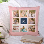Almofada Colagem de Fotografias do Monograma de Cor de Fund<br><div class="desc">Travesseiro monograma com 8 fotos quadradas organizadas em um layout de grade com uma borda branca ao redor delas no fazer frontal e traseiro, no total, 16 fotos que você pode substituir por suas próprias fotos, todas em uma cor de fundo editável (clique em "personalizar" para mudar a cor de...</div>