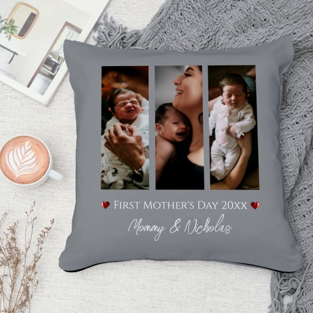 Almofada Colagem de Fotografias do Primeiro Dia de as mães  (Gray First Mother's Day Three Photo Collage Throw Pillow)