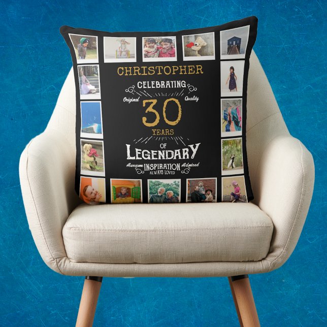 Almofada Colagem de Fotografias Douradas a aniversário de 3 (Personalized 30th birthday gift throw pillow with 16 photos of your choice.)