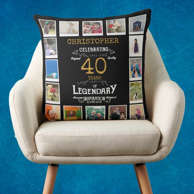 Almofada Colagem de Fotografias Douradas a aniversário de 4 (Personalized 40th birthday gift throw pillow with 16 photos of your choice.)