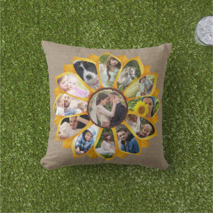 Almofada Colagem de Fotografias Familiares Sunflower Burlap