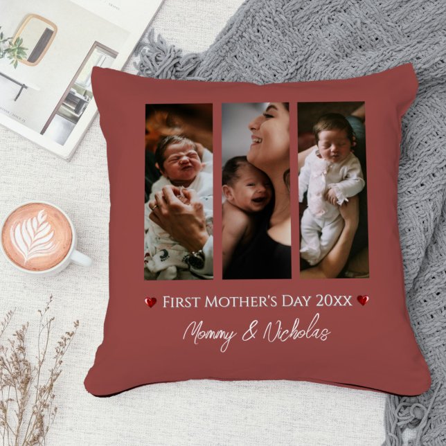 Almofada Colagem de Fotografias Terracotta, Dia de as mães  (Terracotta First Mother's Day Three Photo Collage Throw Pillow)