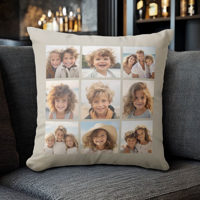 Almofada Colagem de Fotos com 9 fotos quadradas - Taupe (Custom Photo Collage Pillow)