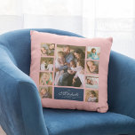 Almofada Colagem de Fotos da Família de Script Elegante de<br><div class="desc">Travesseiro de colagem de fotos com 9 fotos dispostas em um layout de grade na frente e no verso, fazer 18 fotos no total que você pode substituir por suas próprias fotos com seu nome de família em um roteiro elegante. Este design versátil de travesseiro também tem cores editáveis. Você...</div>