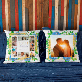 Almofada Colagem de Fotos dos 70 Anos Blue Hydrangea Gold