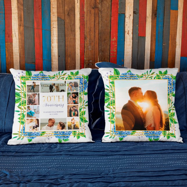 Almofada Colagem de Fotos dos 70 Anos Blue Hydrangea Gold (Criador carregado)