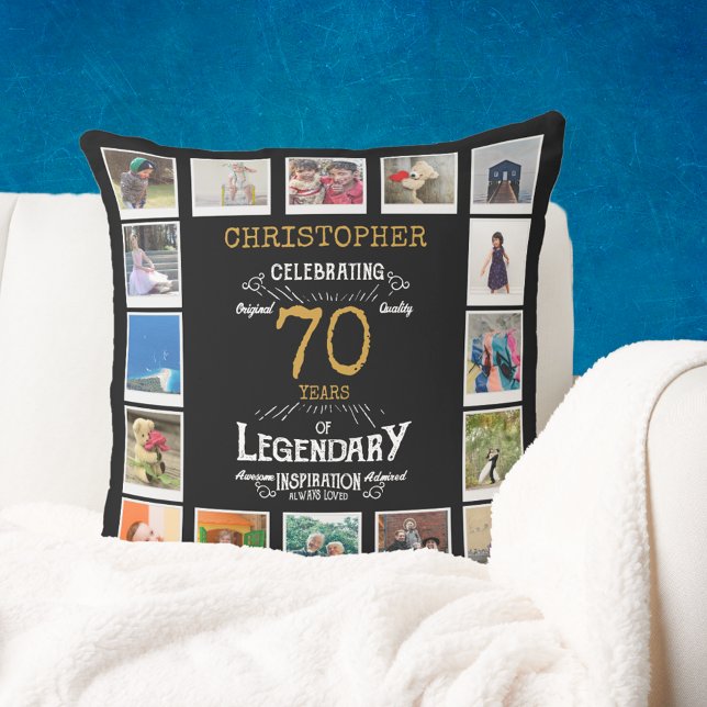 Almofada Colagem de Fotos Dourada de Aniversário de 70 (Personalized 70th birthday gift throw pillow with 16 photos of your choice)