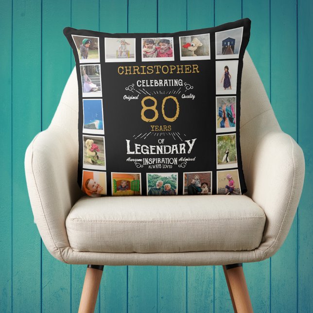 Almofada Colagem de Fotos Dourada de Aniversário de 80 (Personalized 80th birthday gift throw pillow with 16 photos of your choice.)