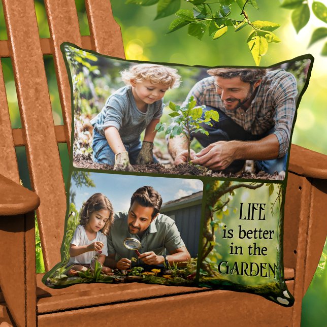 Almofada Colagem de Fotos Jardim Divertido  (Pillow featuring a family photo collage with a green garden theme)