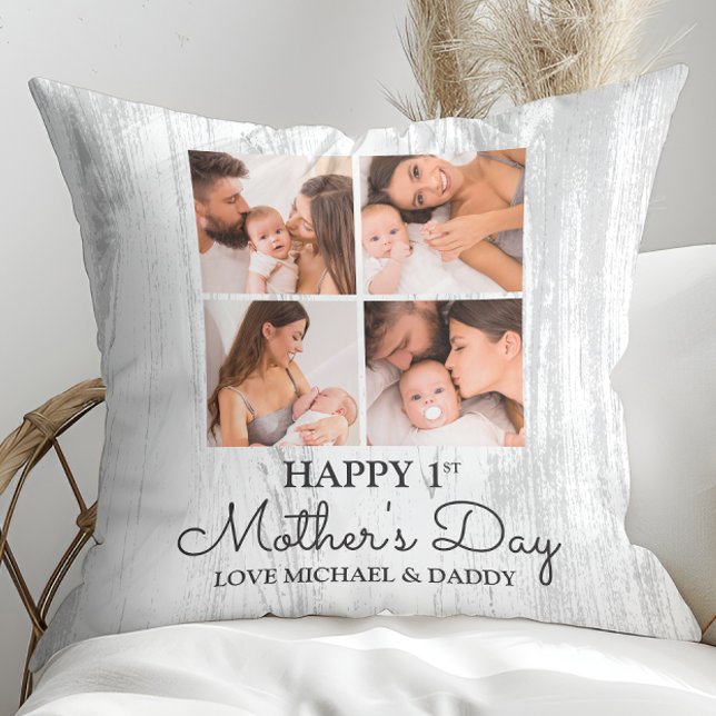 Almofada Colagem de Fotos Moderna e Bonita Feliz Primeiro D (Cute Modern Photo Collage Happy First Mothers Day Throw Pillow)