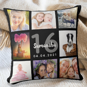 Almofada Colagem de fotos personalizada preta Sweet 16