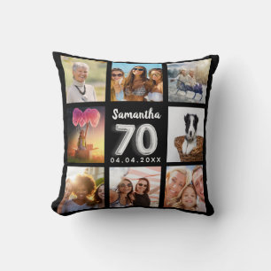 Almofada Colagem de fotos pretas de prata de 70 aniversário