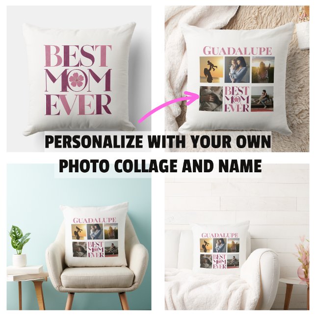 Almofada Colagem de Fotos Tendy Pink Melhor Mãe (Trendy Pink Best Mom Ever Photo Collage Throw Pillow
)