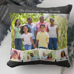 Almofada Colagem de Fotos w Nome da Família e Fita de Fotos<br><div class="desc">Personalize este travesseiro decorativo feliz com as suas fotos de família favoritas. O modelo está configurado para que você adicione até 5 fotos e seu nome de família (ou texto personalizado). A foto principal será usada como fundo e as 4 fotos restantes serão mostradas em uma faixa de fotos ziguezague...</div>