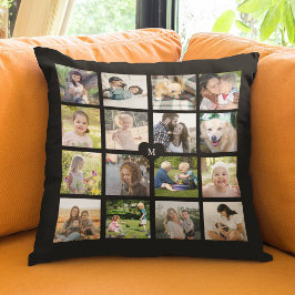 Almofada Colagem personalizada de 16 fotos monograma preto