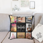 Almofada Colagem personalizada de fotos de 100 anos, mulher<br><div class="desc">Um presente único para uma mulher no 100º aniversário,  celebrando sua vida com uma colagem de 8 fotos,  fotos. Personalize e adicione seu nome,  100 anos e uma data. Um fundo preto chic. Cinzas e letras brancas e números. O nome é escrito com um moderno estilo escrito à mão.</div>