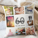 Almofada Colagem personalizada de fotos de 60 anos, mulher<br><div class="desc">Um presente único para uma mulher de 60 anos,  celebrando sua vida com uma colagem de 8 fotos,  fotos. Personalize e adicione seu nome,  60 anos e uma data. Um fundo branco chic. Cinzas e letras e números negros. O nome é escrito com um moderno estilo escrito à mão.</div>